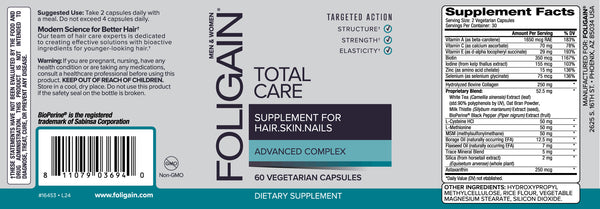 FOLIGAIN CUIDADO TOTAL Suplemento para Cabello Fino, Piel y Uñas 60 Cápsulas Vegetarianas